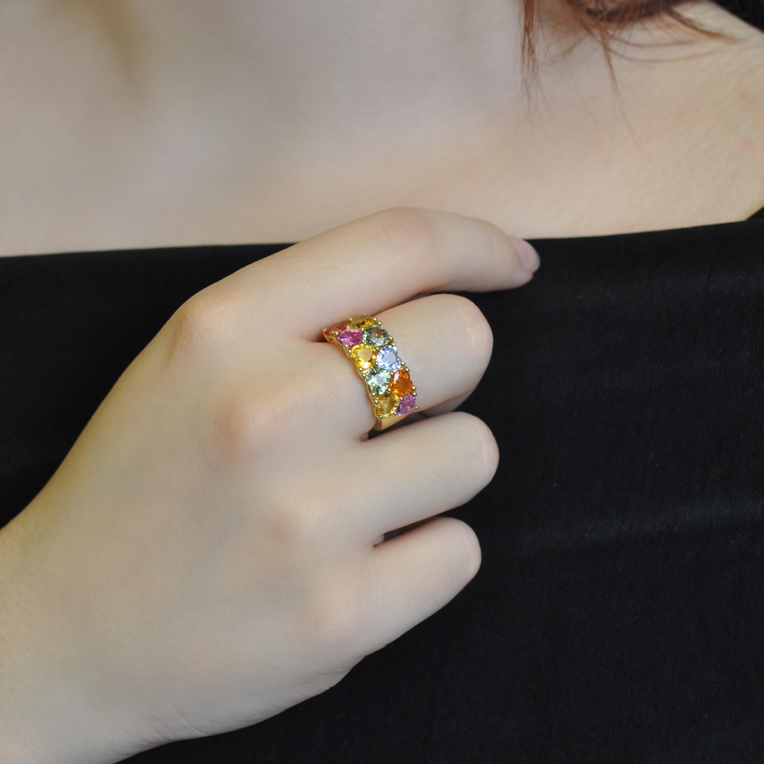 Contemporary RUCHI Heart-Shaped Multi-Colored Sapphire & Diamonds Yellow Gold Ring For Sale