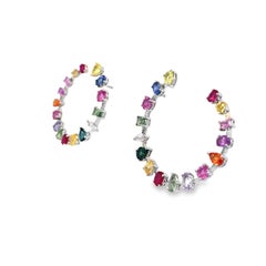 RUCHI Knife-Edge Multi-Colored Sapphire C-Shape White Gold Hoop Earring