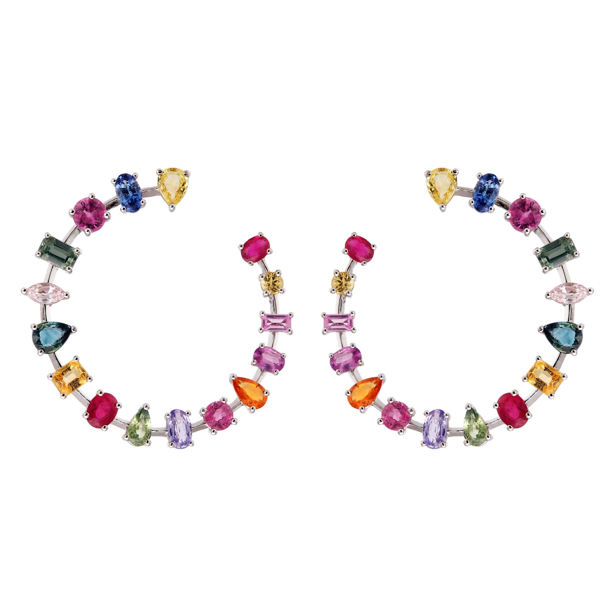 RUCHI Knife-Edge Multi-Colored Sapphire C-Shape White Gold Hoop Earring