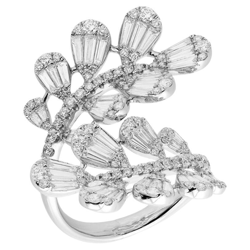 RUCHI Leaf-Shape Baguette Diamond White Gold Bypass Ring For Sale