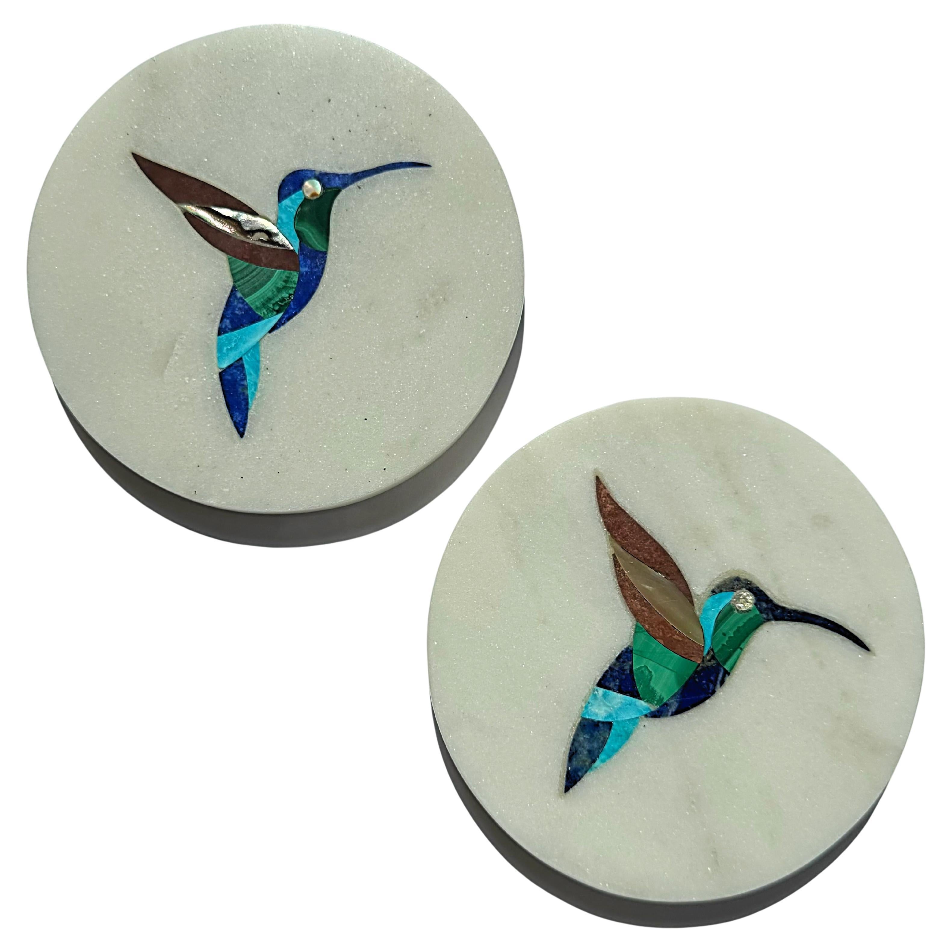 RUCHI Marble Coasters with Semi-Precious Stone Hummingbird Inlay Design