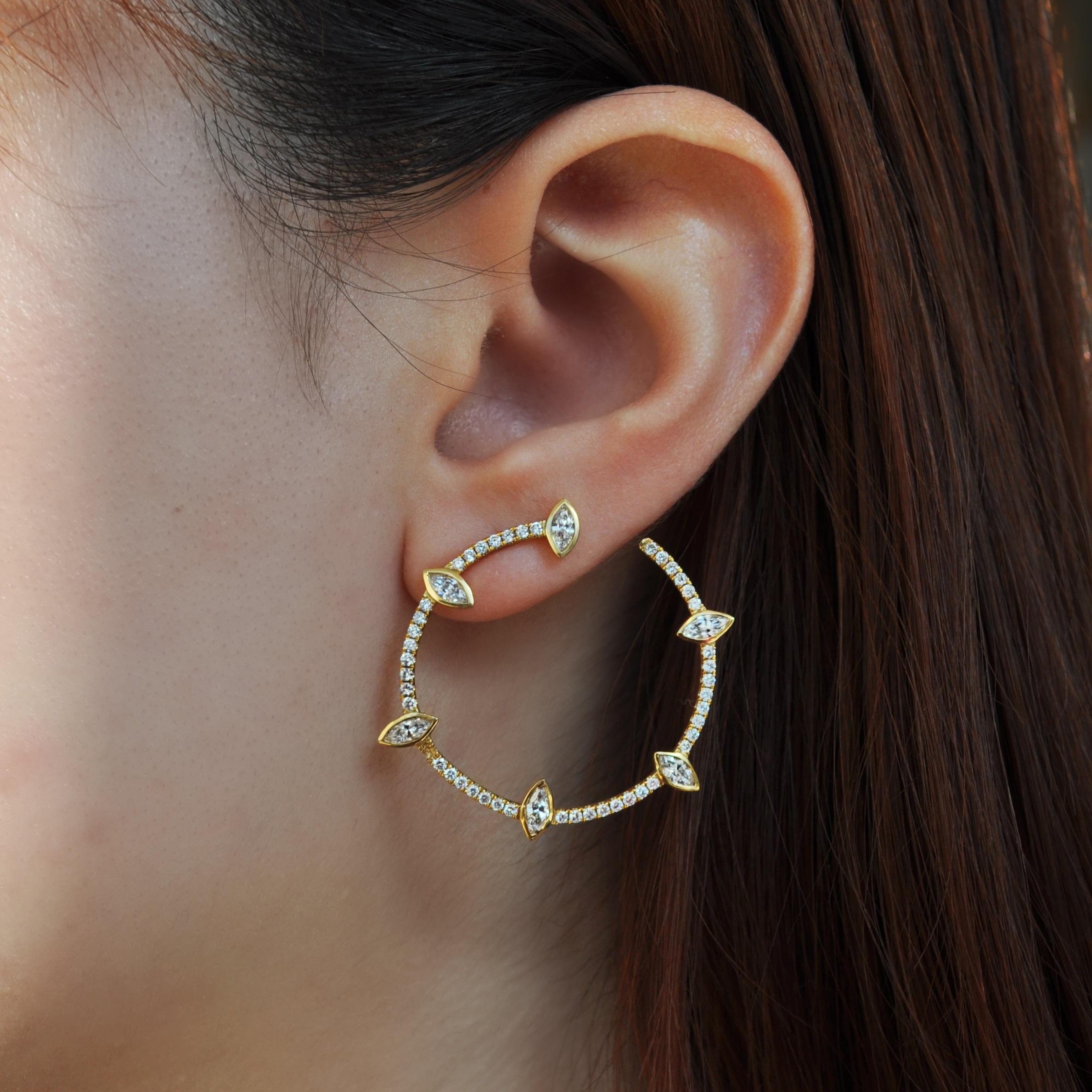 Contemporary RUCHI Marquise-Cut Diamond Yellow Gold Crescent Hoop Earrings For Sale