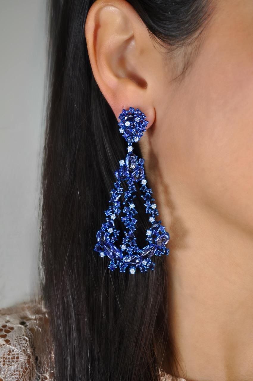 Mixed Cut RUCHI Mixed-Shape Blue Sapphire and Diamond Blue Rhodium Chandelier Earrings For Sale