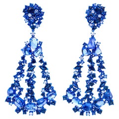RUCHI Mixed-Shape Blue Sapphire and Diamond Blue Rhodium Chandelier Earrings