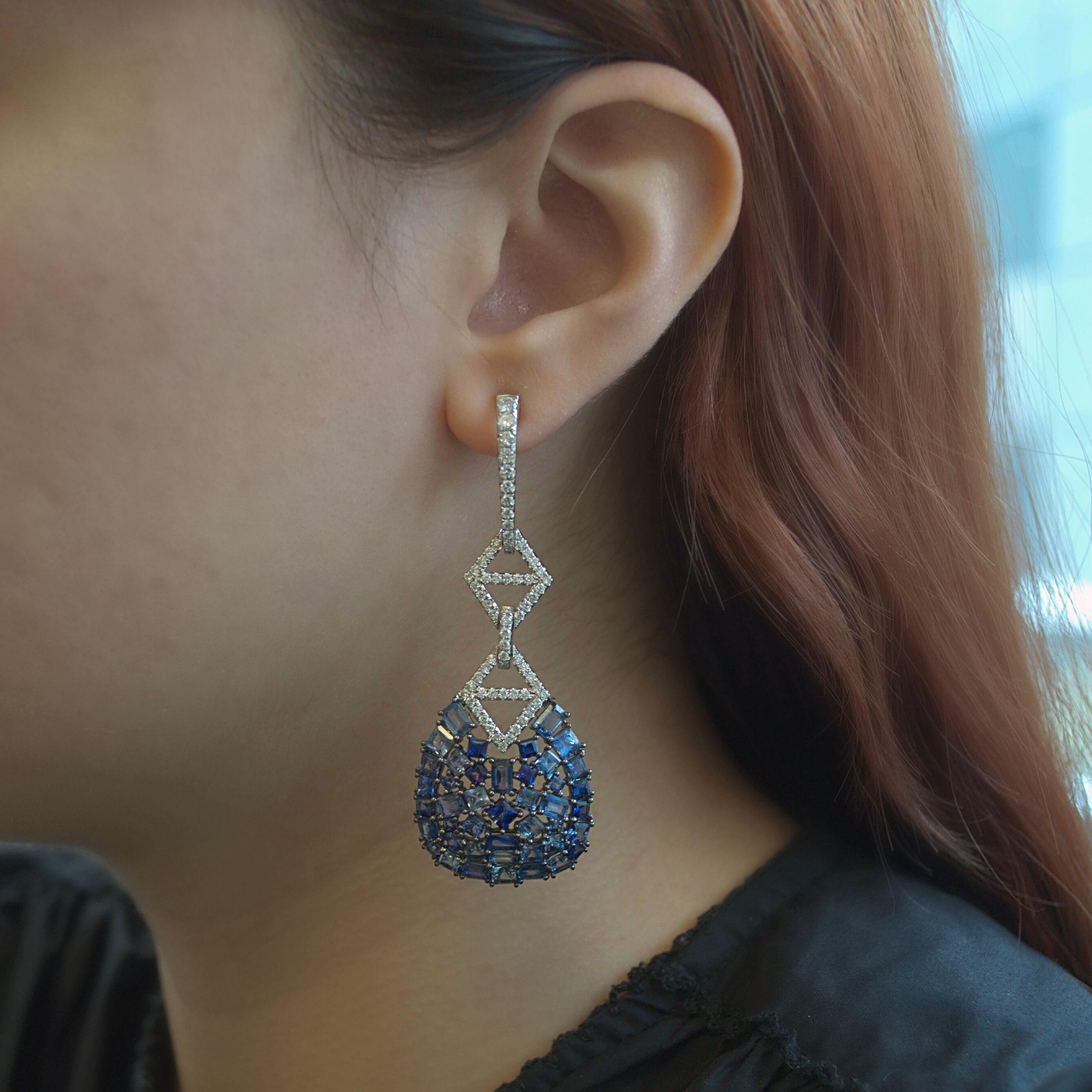 RUCHI Mixed Shape Blue Sapphire and Diamond White Gold Chandelier Earrings In New Condition For Sale In New York, NY