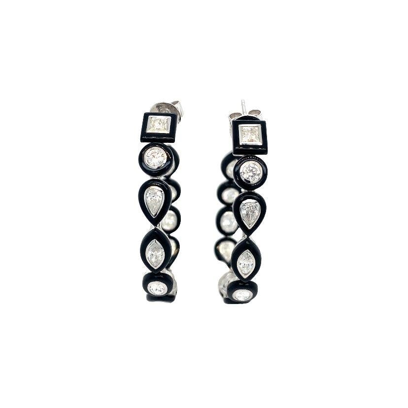 Contemporary RUCHI Mixed-Shape Diamond and Black Agate White Gold Hoop Earrings For Sale