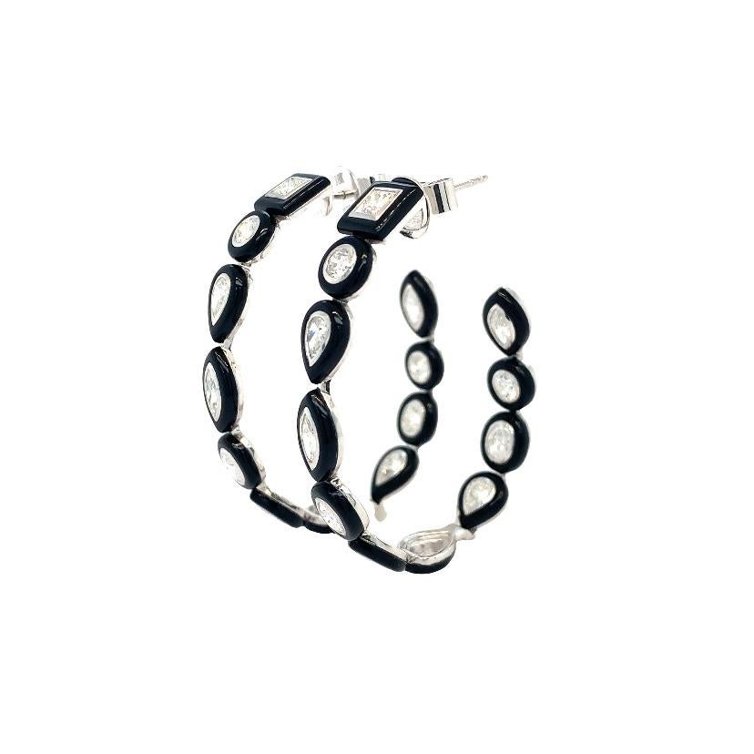 Mixed Cut RUCHI Mixed-Shape Diamond and Black Agate White Gold Hoop Earrings For Sale