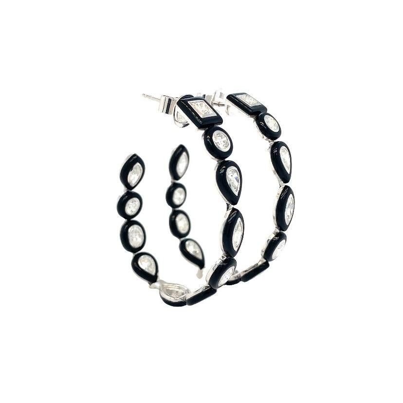 RUCHI Mixed-Shape Diamond and Black Agate White Gold Hoop Earrings In New Condition For Sale In New York, NY