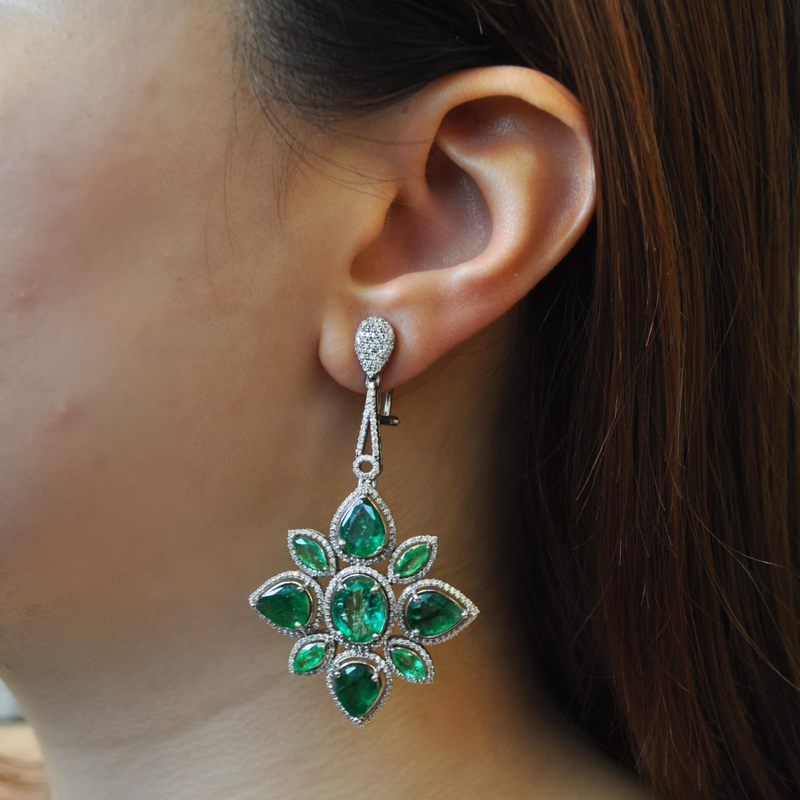 Mixed Cut RUCHI Mixed-Shape Emerald and Diamond White Gold Flower Chandelier Earrings For Sale