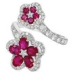RUCHI Mixed-Shape Ruby and Diamond White Gold Floral Bypass Wrap Ring