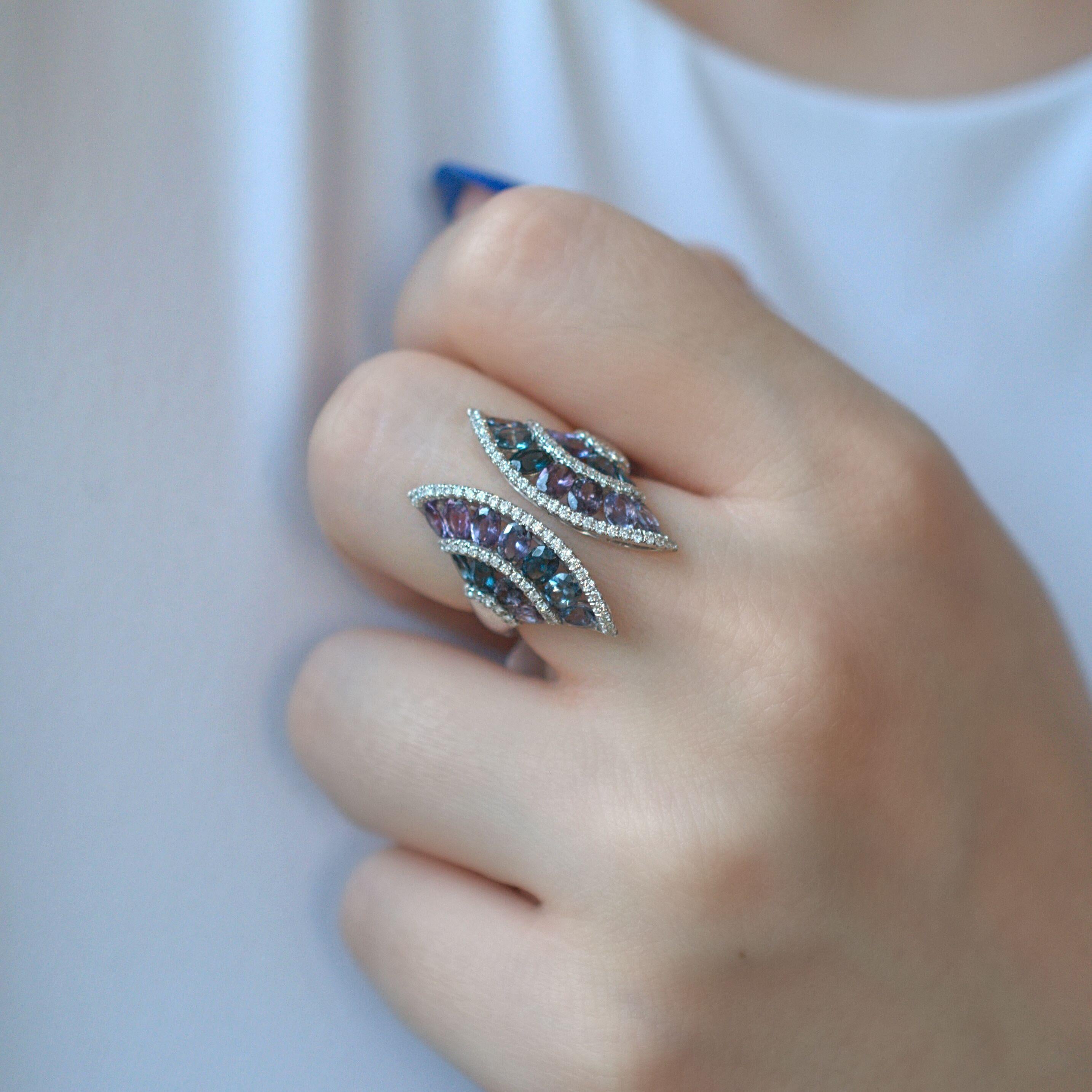 Contemporary RUCHI Oval Multi-Color Sapphires & Diamond White Gold Ring For Sale