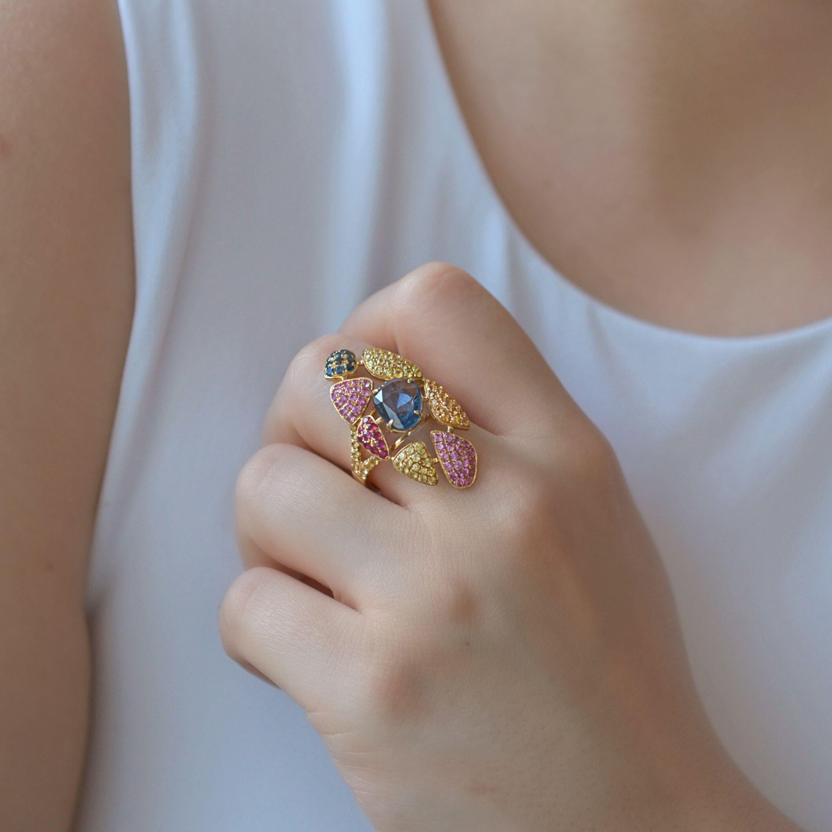 RUCHI Rosecut & Pavé Multi-Colored Sapphire Yellow Gold Cocktail Ring In New Condition For Sale In New York, NY