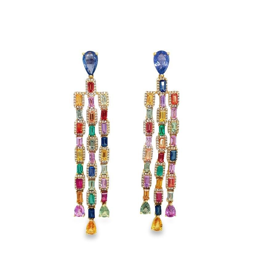 RUCHI Pendientes Colgantes Zafiro Multicolor y Diamante Oro Amarillo Contemporáneo en venta