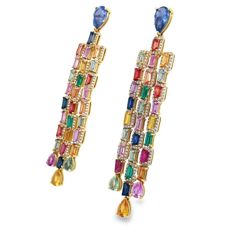 RUCHI Pendientes Colgantes Zafiro Multicolor y Diamante Oro Amarillo Corte mixto en venta