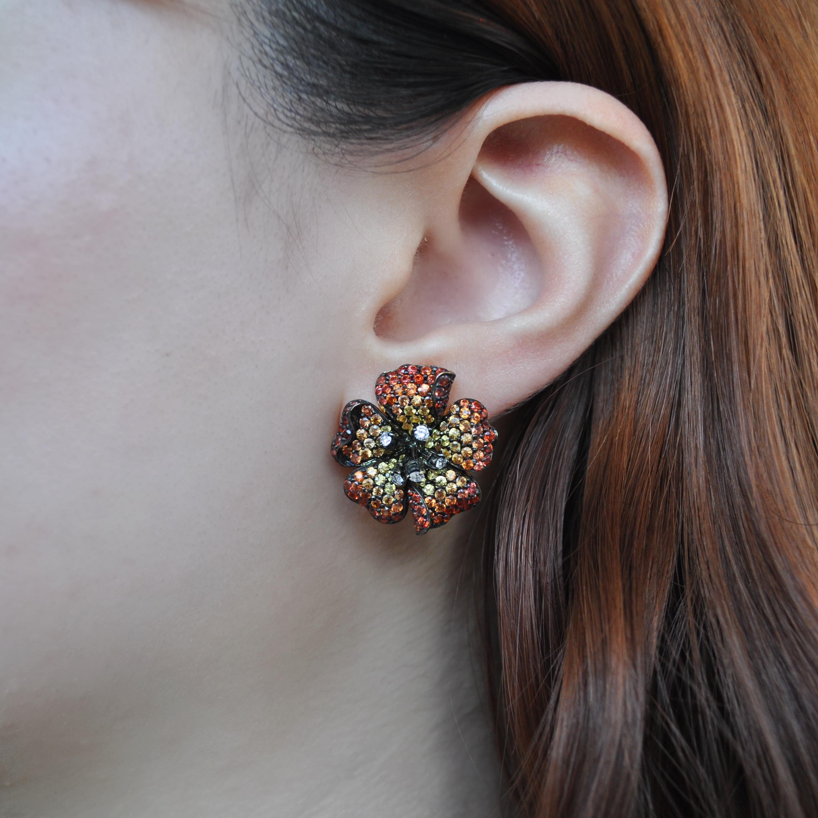 Round Cut RUCHI Multi-Colored Sapphire and Diamond Yellow Gold Flower Stud Earrings For Sale