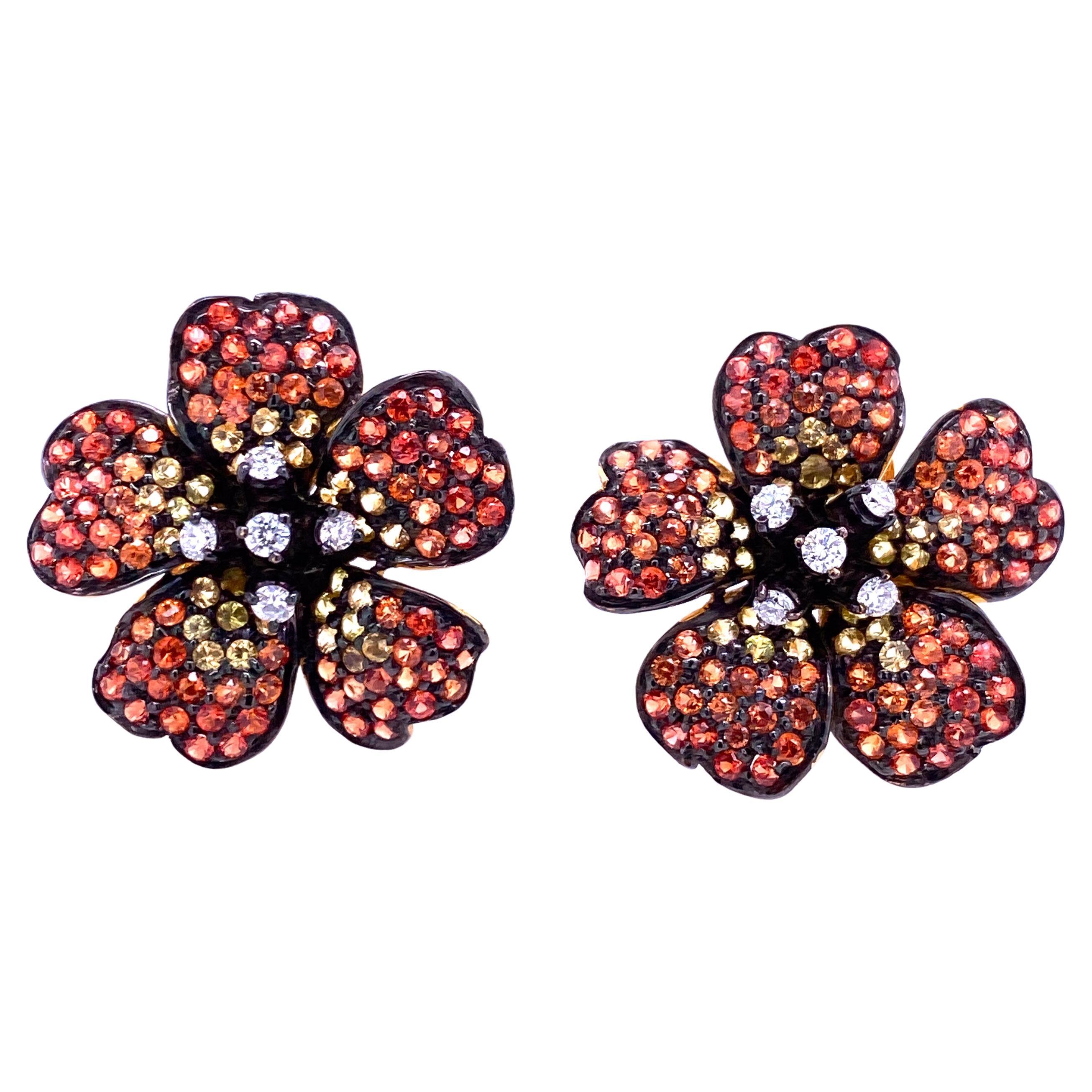 RUCHI Multi-Colored Sapphire and Diamond Yellow Gold Flower Stud Earrings