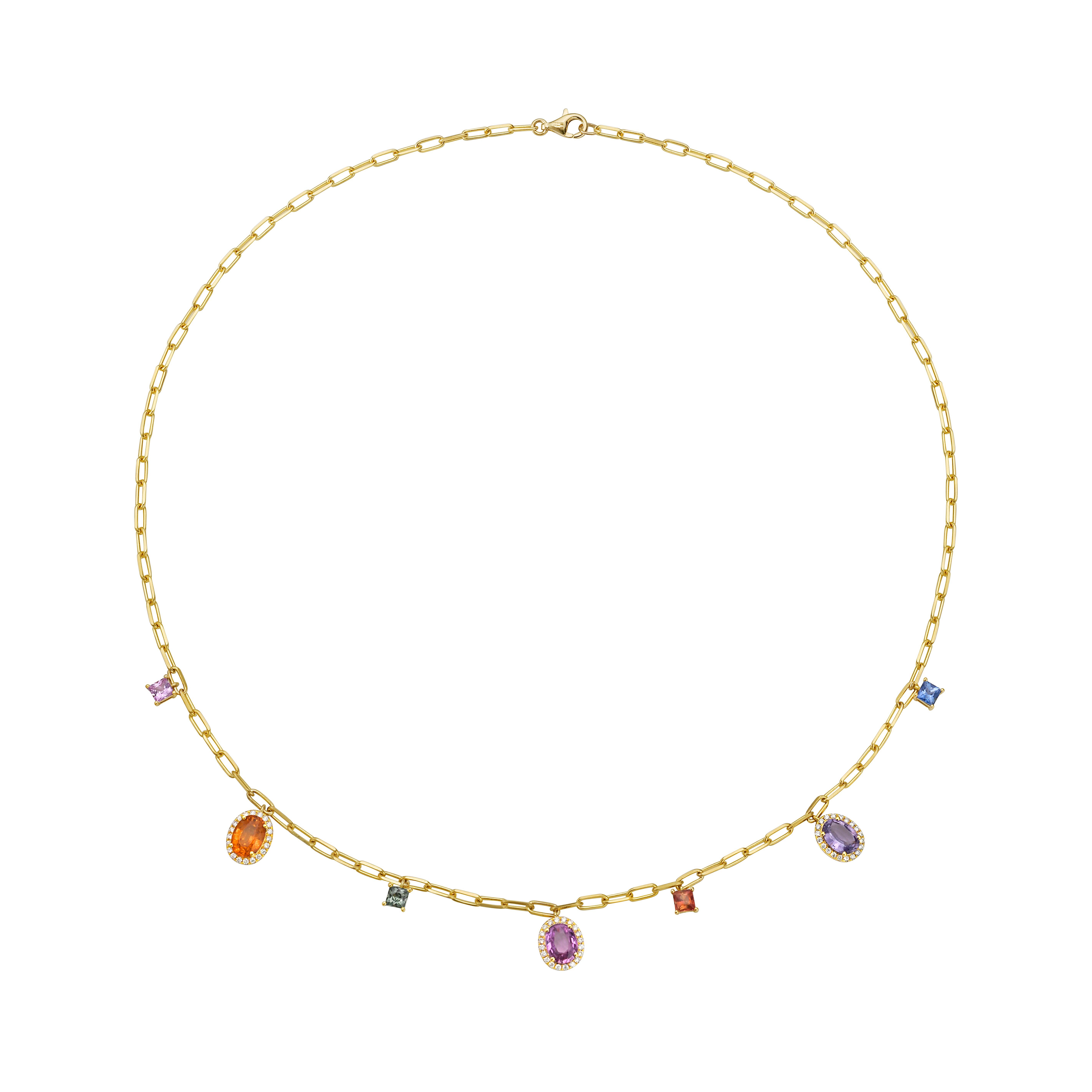 Contemporary RUCHI Multi-Colored Sapphire and Diamond Yellow Gold Charm Necklace For Sale
