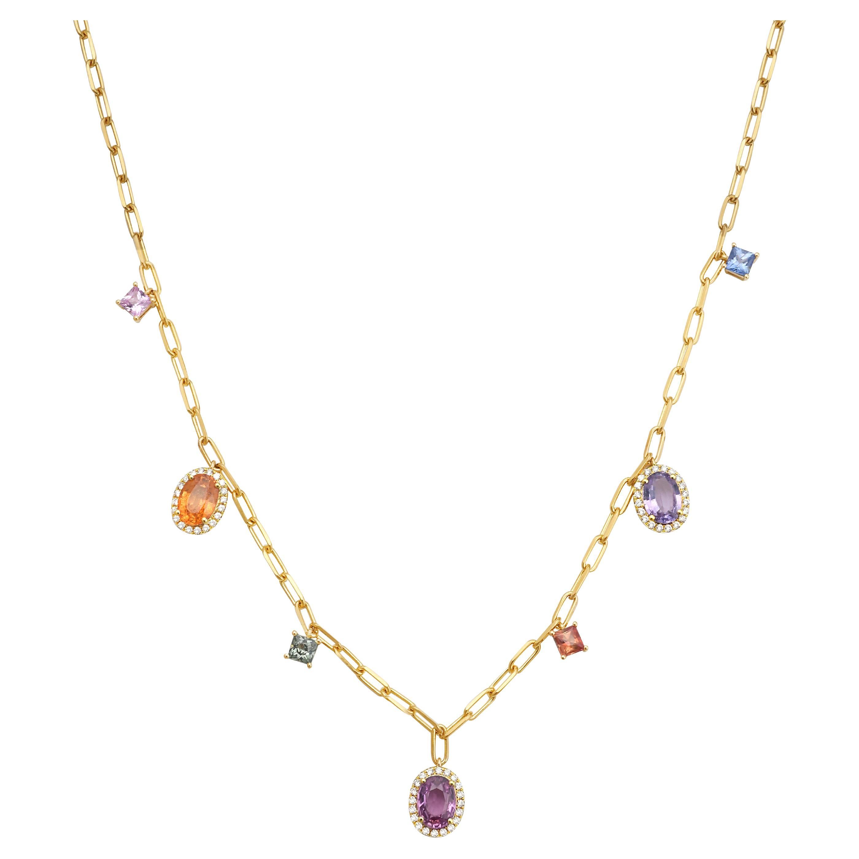 RUCHI Halskette aus Gelbgold mit mehrfarbigem Saphir und Diamant-Anhänger