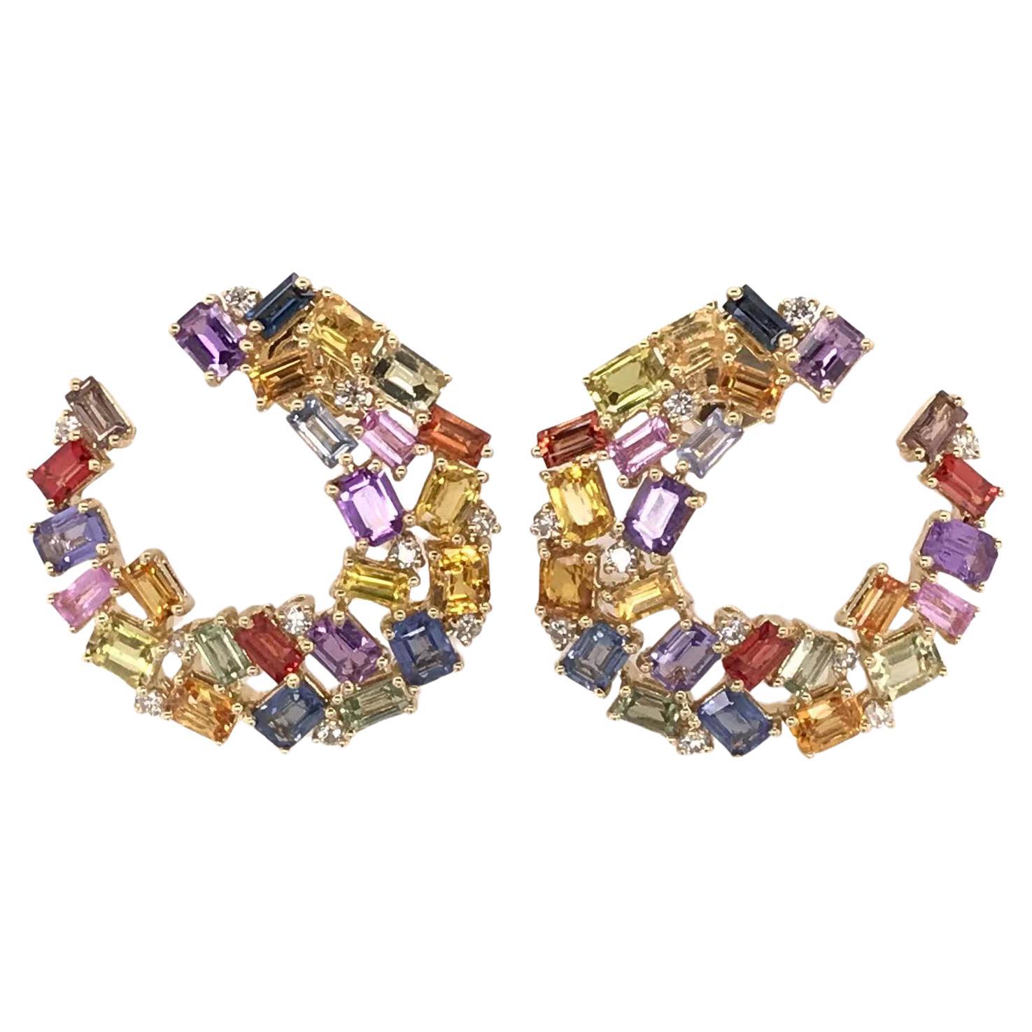 RUCHI Multi-Colored Sapphire and Diamond Yellow Gold C-Shape Earrings For Sale