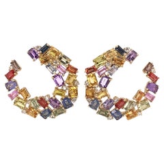 RUCHI Multi-Colored Sapphire and Diamond Yellow Gold C-Shape Earrings
