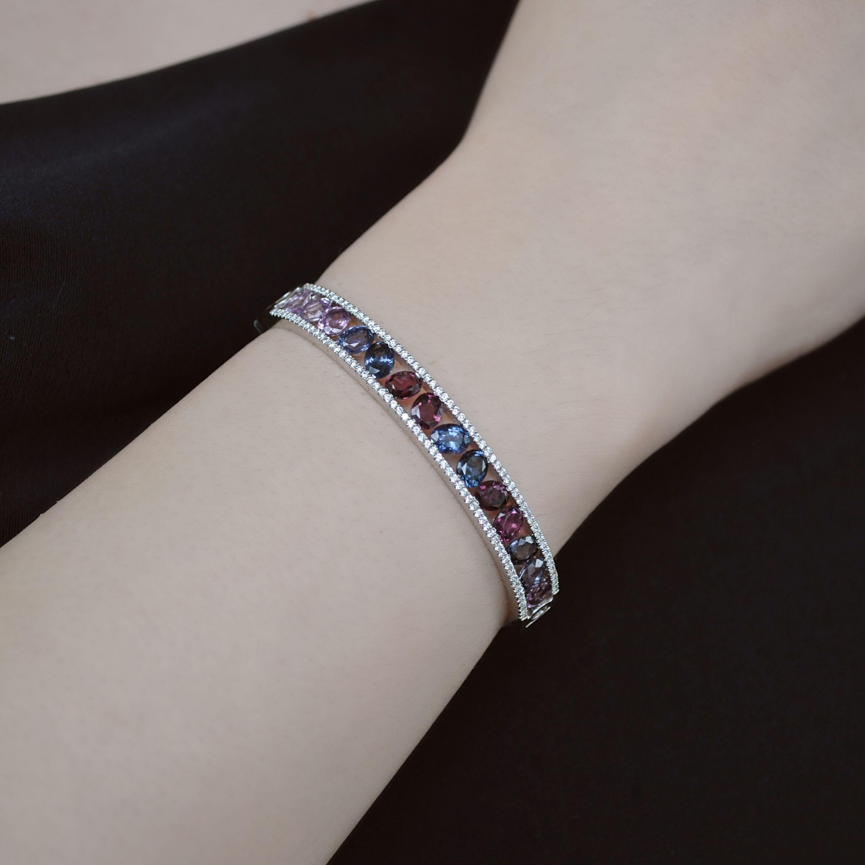 Brilliant Cut RUCHI Multi-Colored Sapphire and Diamond Zig-Zag White Gold Bangle For Sale