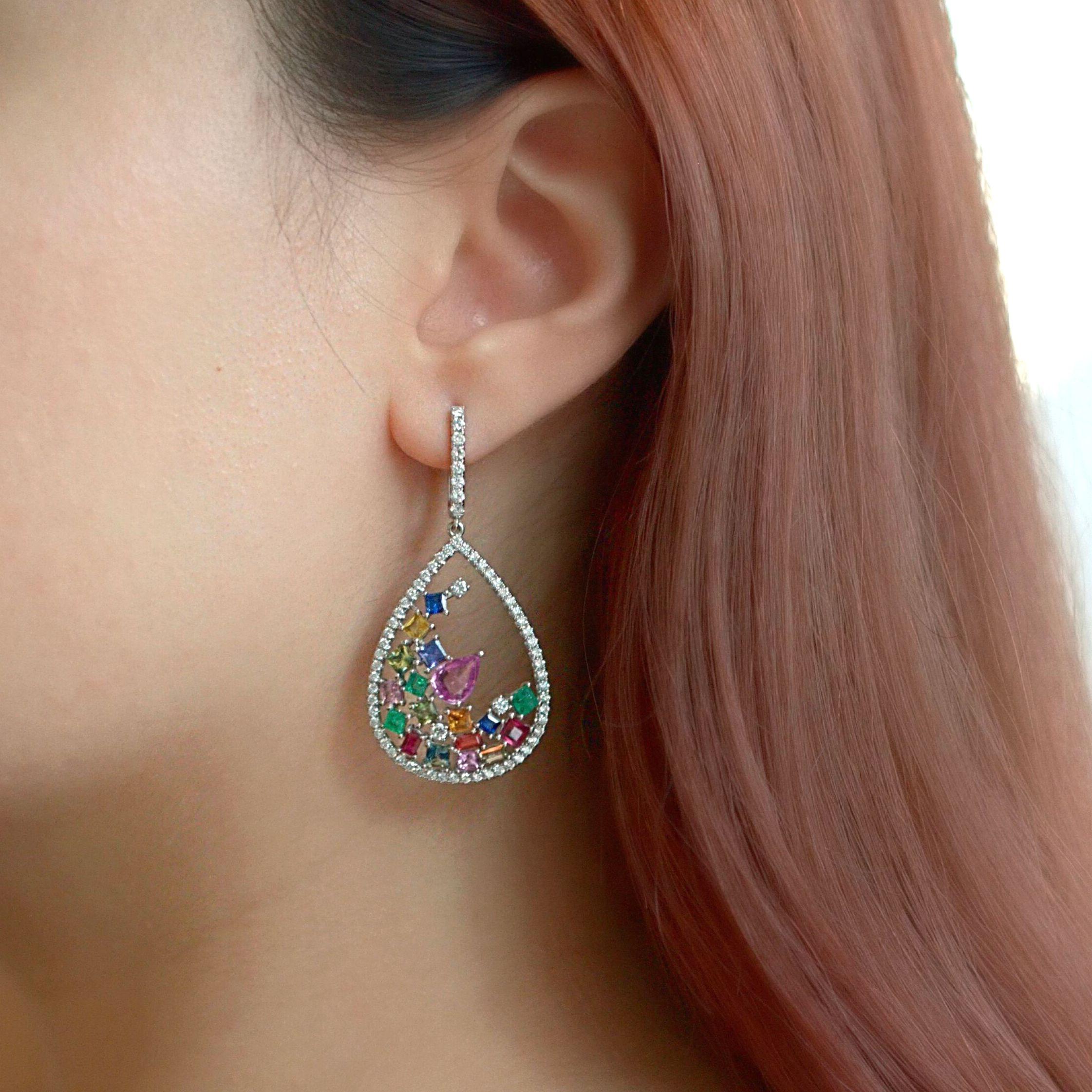 Contemporary RUCHI Multi-Colored Sapphire, Emerald and Diamond White Gold Teardrop Earrings For Sale