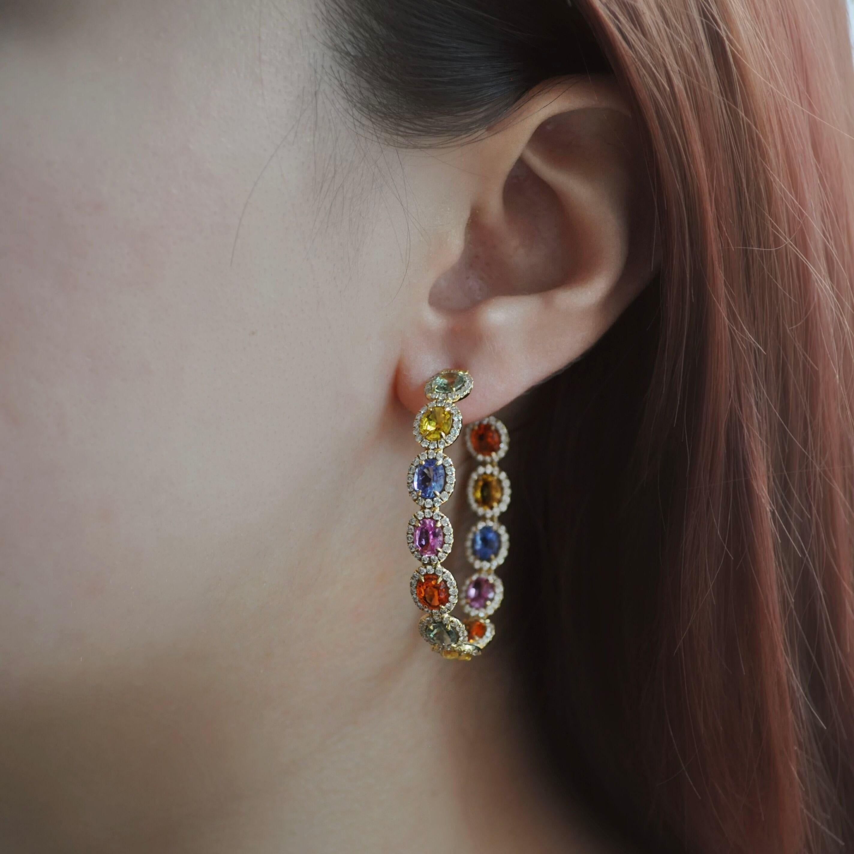 Mixed Cut RUCHI Multi-Colored Sapphire and Pavé Diamond Yellow Gold Hoop Earrings For Sale