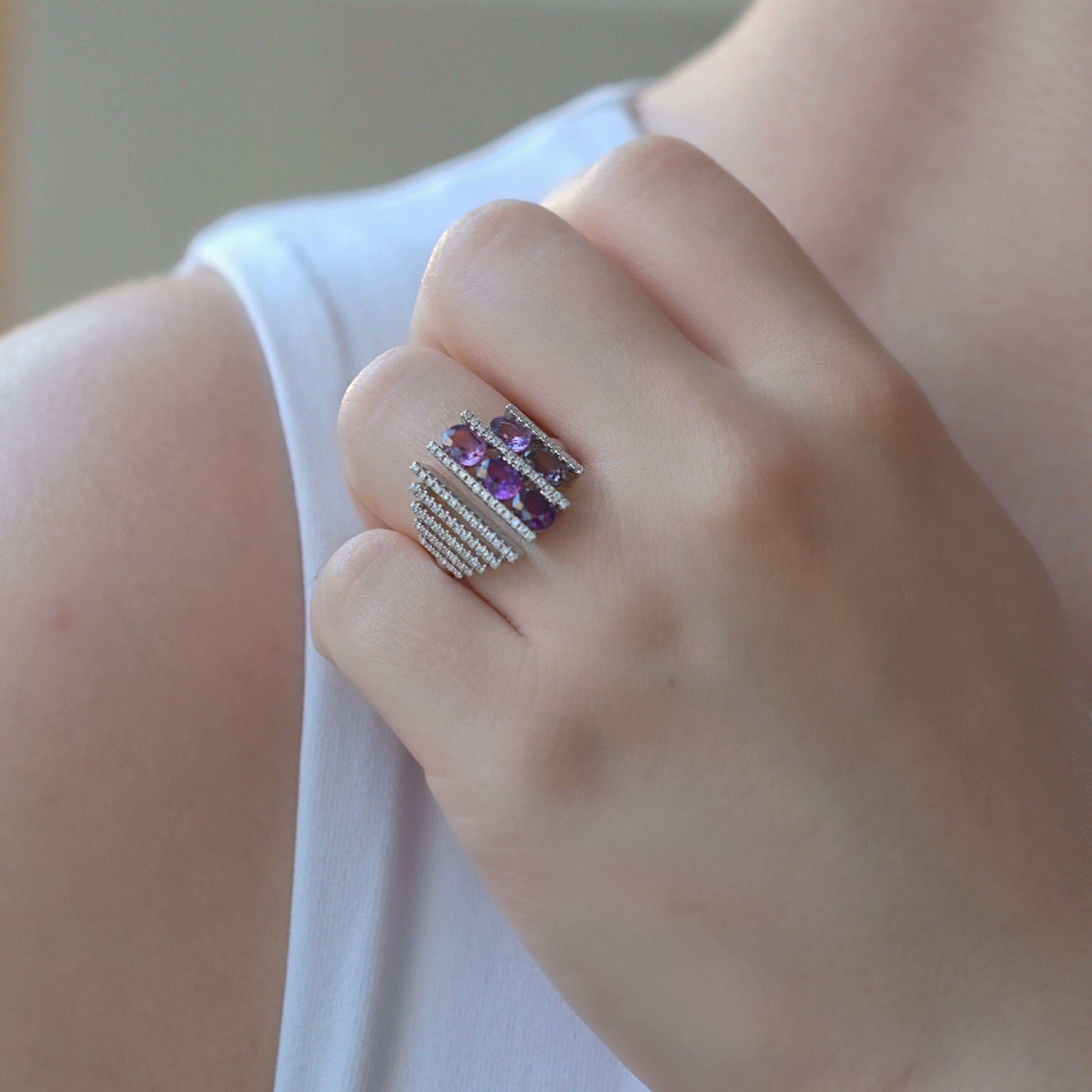 Mixed Cut RUCHI Multi-Row Purple Sapphire & Diamond White Gold Ring For Sale