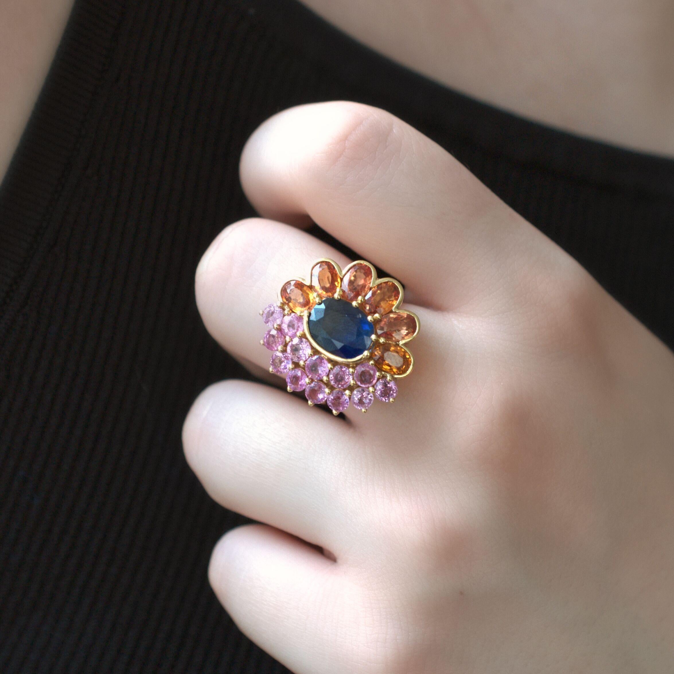 RUCHI Multi-Colored Sapphires & Diamond Yellow Gold Flower Ring In New Condition For Sale In New York, NY