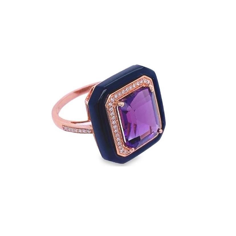 Contemporary RUCHI Black Agate, Amethyst and Diamond Rose Gold Cocktail Ring For Sale