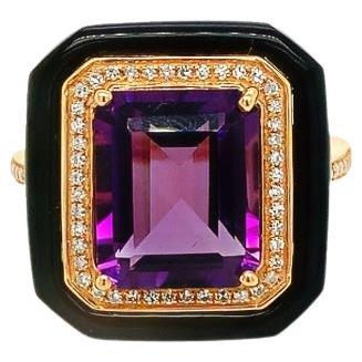RUCHI Black Agate, Amethyst and Diamond Rose Gold Cocktail Ring For Sale