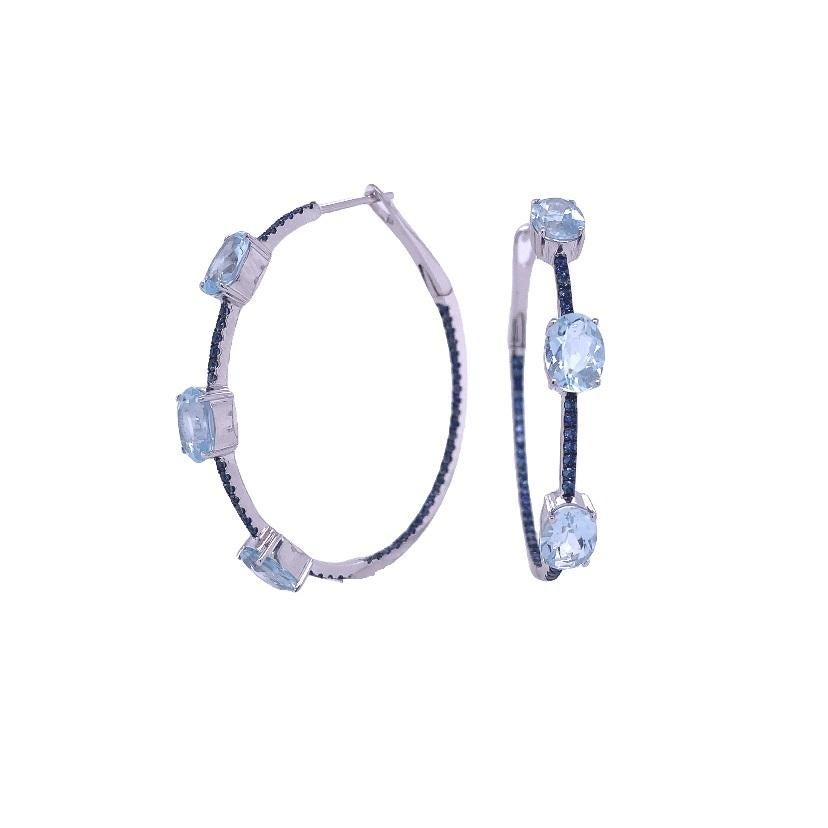 Contemporary RUCHI Aquamarine and Pavé Blue Sapphire White Gold Hoop Earrings For Sale