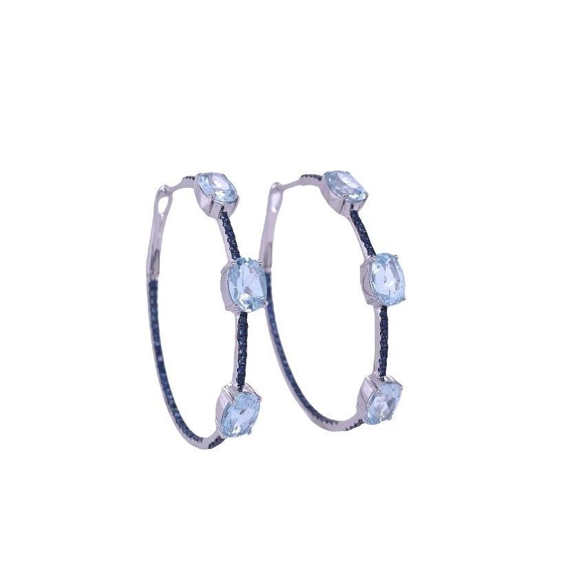 Mixed Cut RUCHI Aquamarine and Pavé Blue Sapphire White Gold Hoop Earrings For Sale