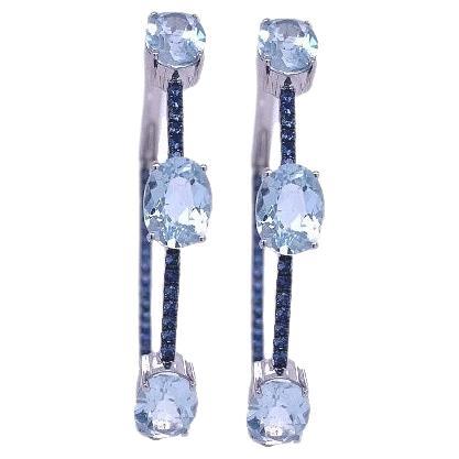 RUCHI Aquamarine and Pavé Blue Sapphire White Gold Hoop Earrings For Sale