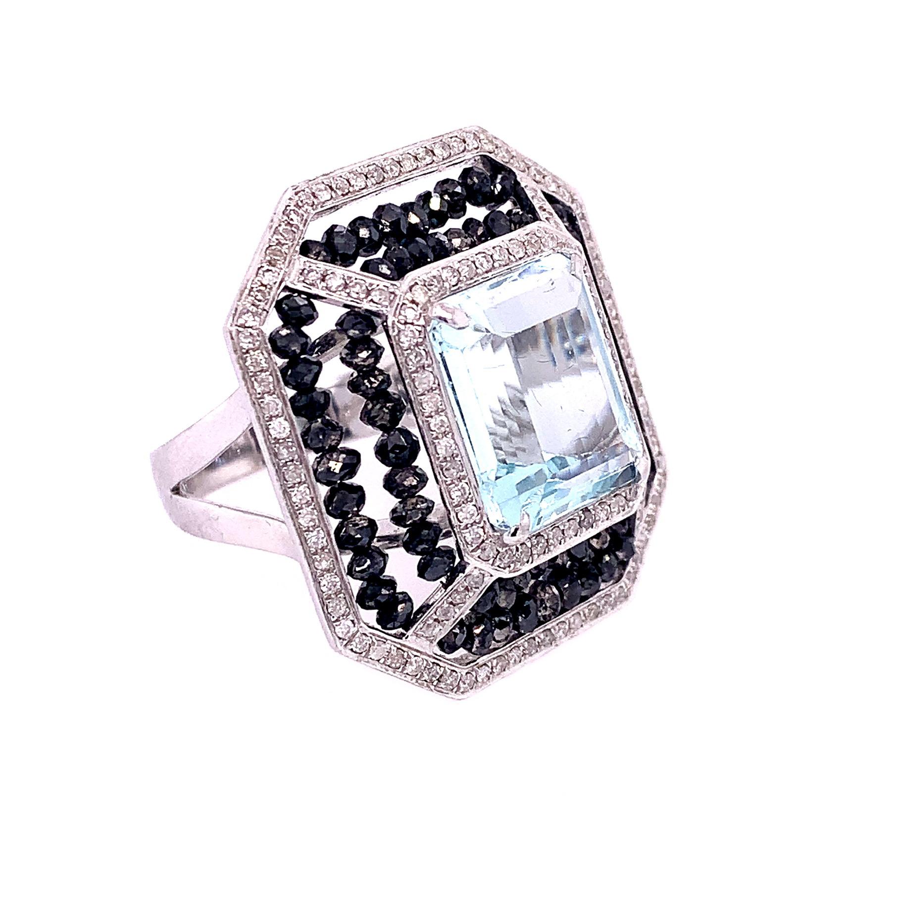 Contemporary RUCHI Aquamarine with Black & White Diamond Beads White Gold Cocktail Ring For Sale