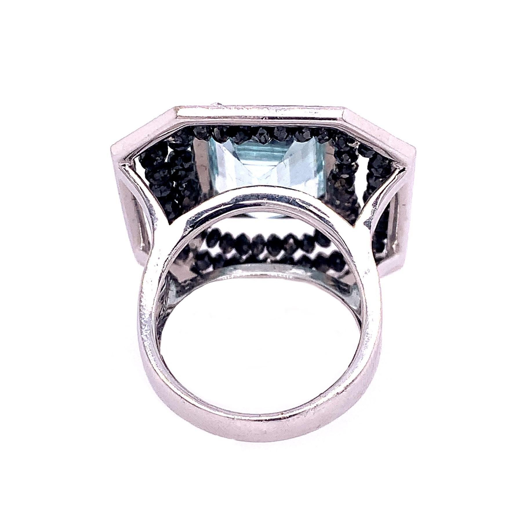 Mixed Cut RUCHI Aquamarine with Black & White Diamond Beads White Gold Cocktail Ring For Sale