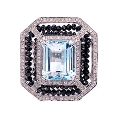 RUCHI Aquamarine with Black & White Diamond Beads White Gold Cocktail Ring