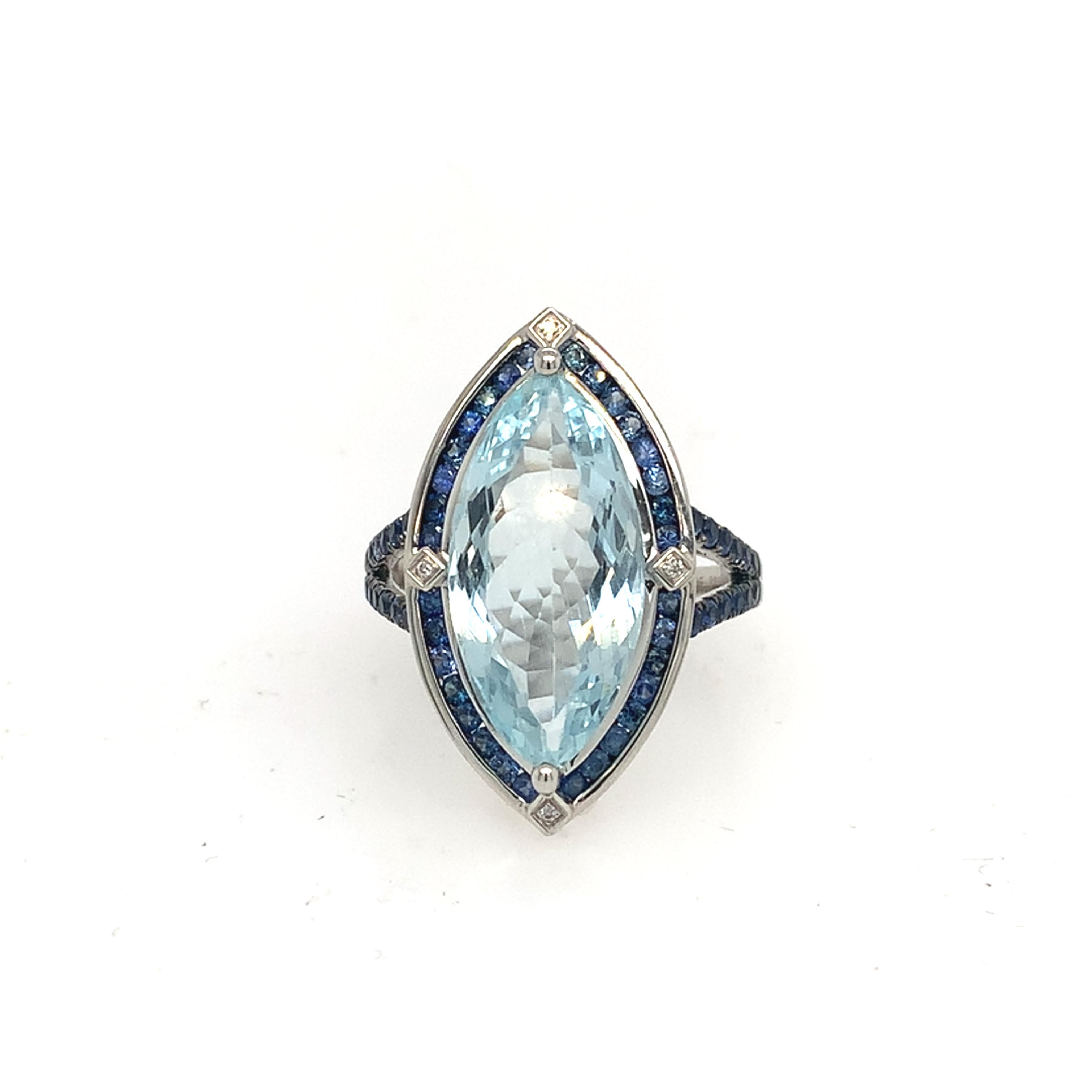 Contemporary Ruchi New York Aquamarine , Blue Sapphire and Diamond Ring For Sale