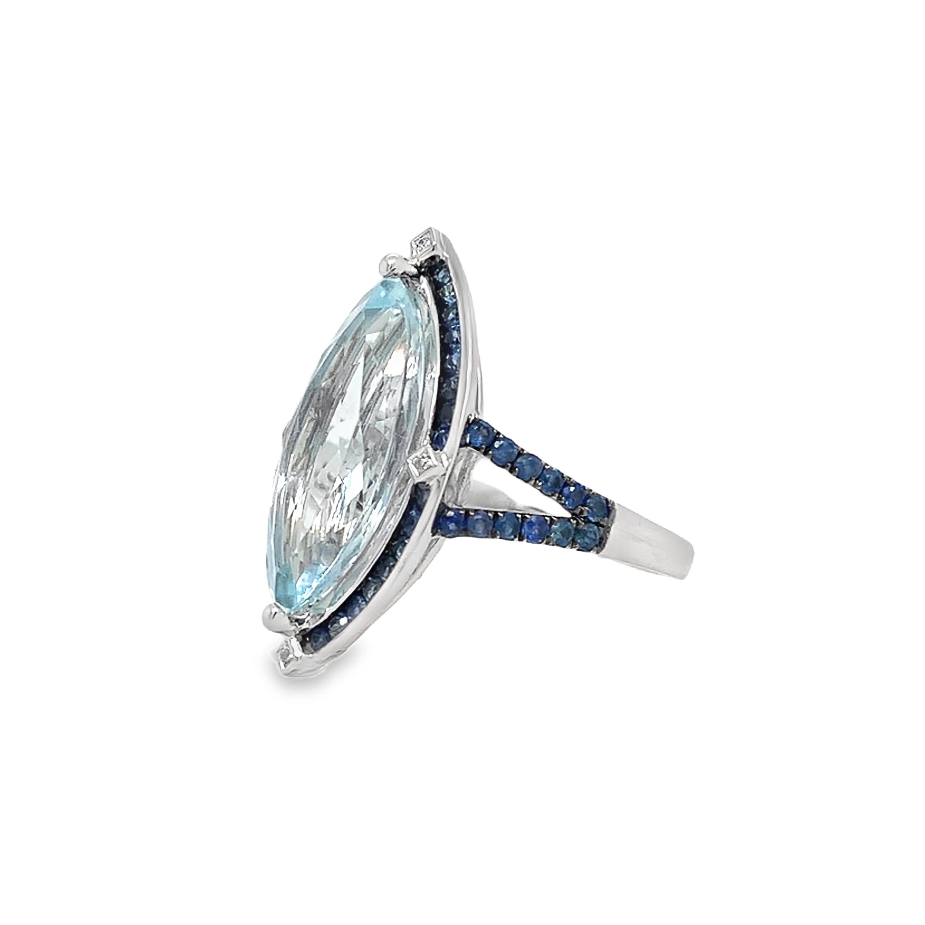 Mixed Cut Ruchi New York Aquamarine , Blue Sapphire and Diamond Ring For Sale