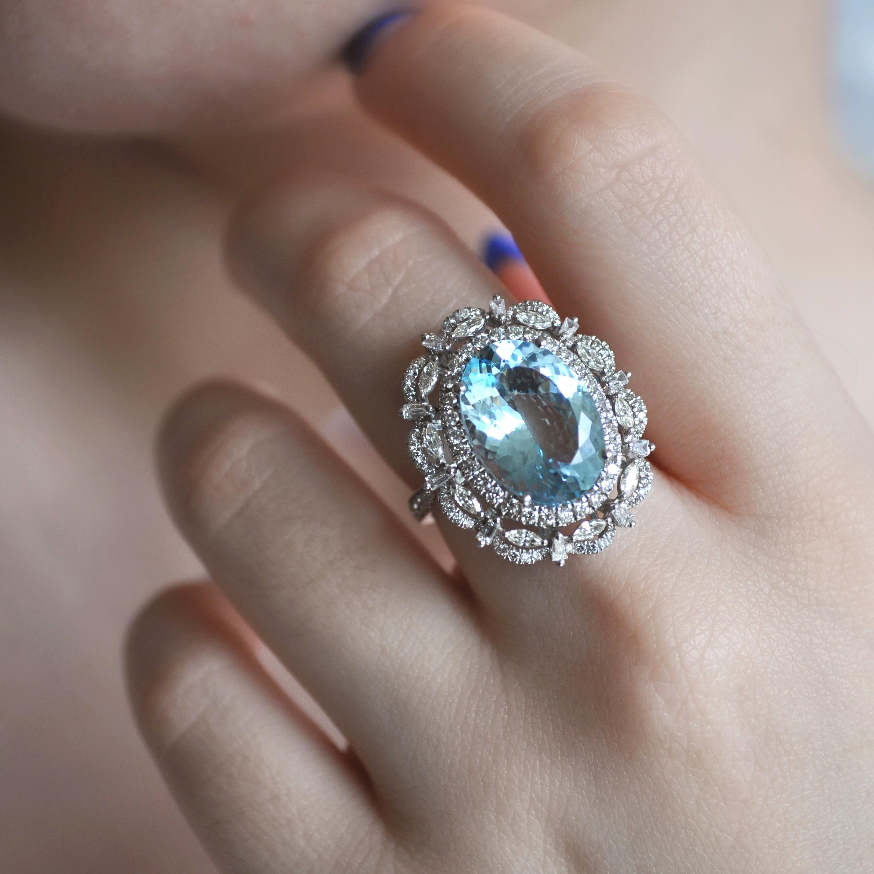 Contemporary RUCHI Aquamarine and Diamond White Gold Cocktail Ring For Sale