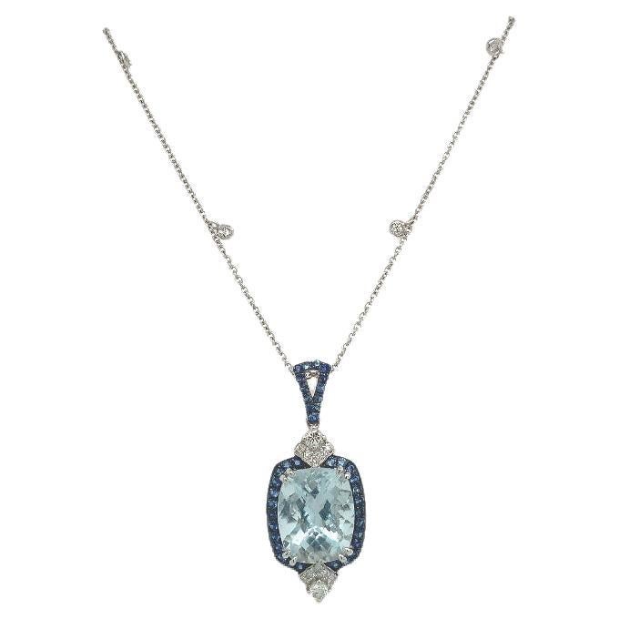 RUCHI Cushion Aquamarine, Blue Sapphire and Diamond White Gold Pendant Necklace For Sale