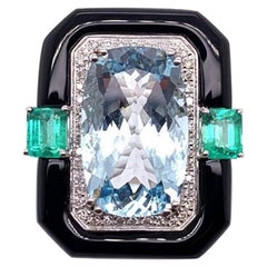Ruchi New York Aquamarine, Onyx, Emerald, and Diamond Cocktail Ring