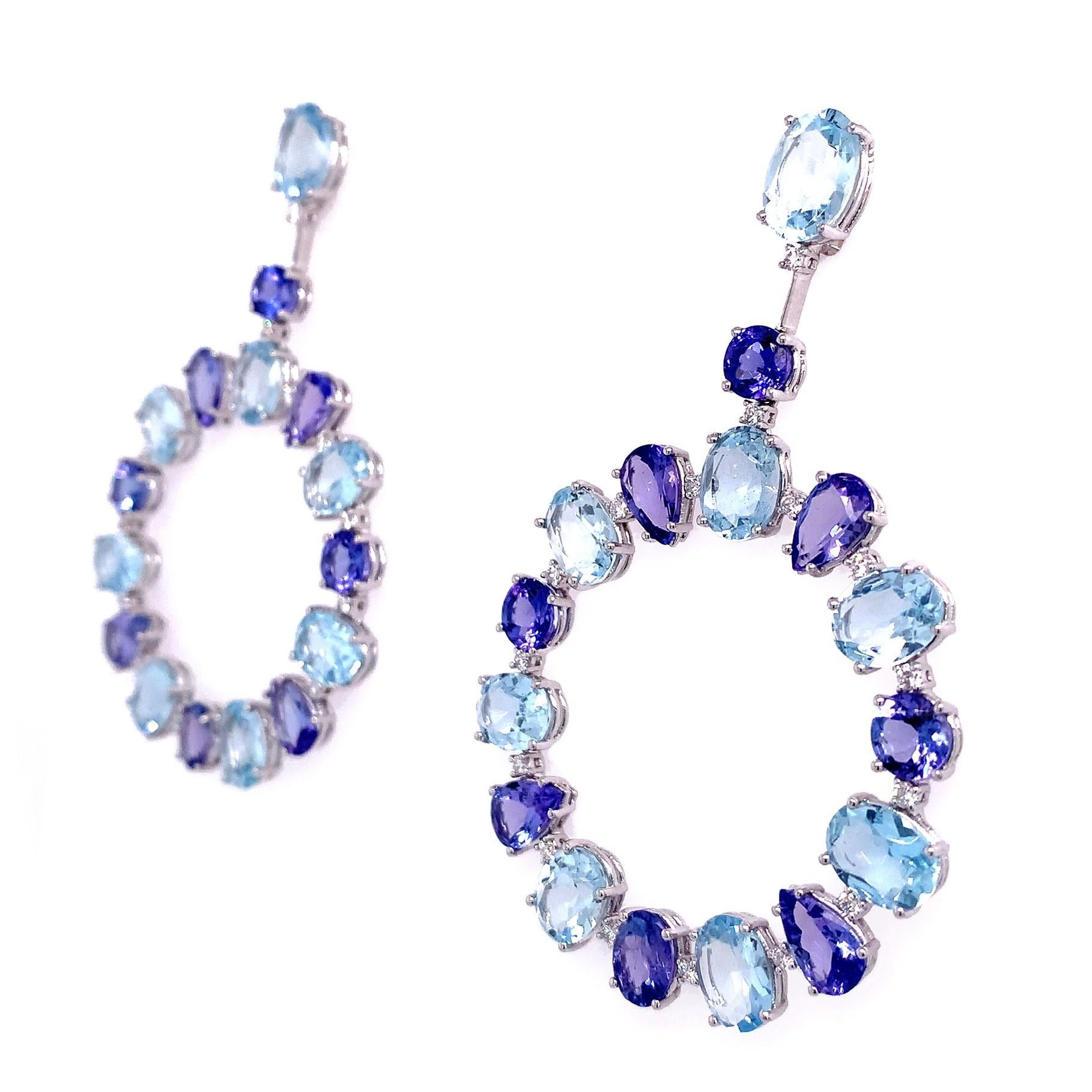 Contemporary RUCHI Aquamarine, Tanzanite and Diamond White Gold Dangle Earrings For Sale