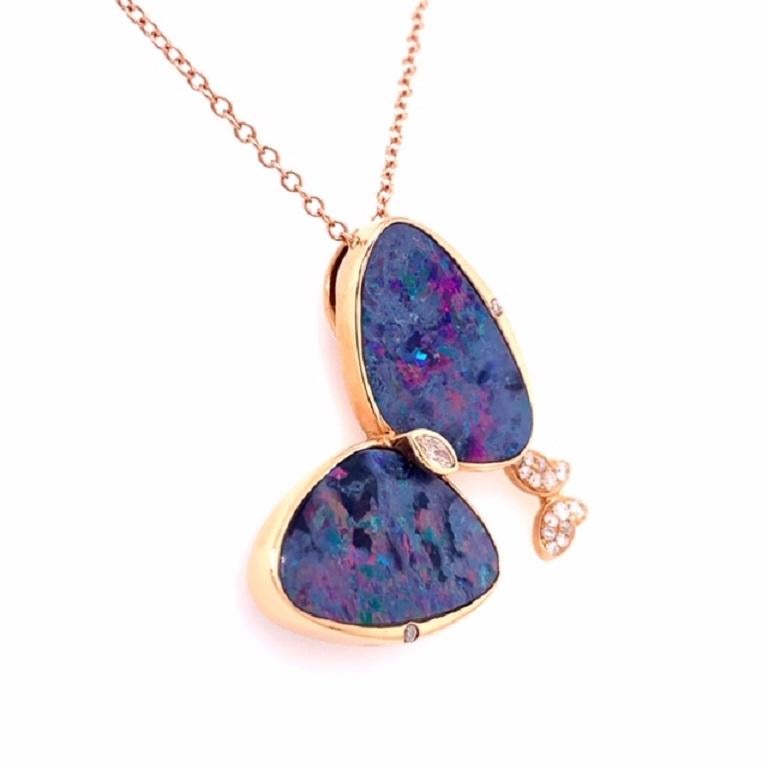 Ocean Bliss Collection

Just in time for spring! Australian Opal and Diamond double butterfly pendant set in 18 karat rose gold. 

Australian Opal: 11.13ct total weight.
Diamonds: 0.22ct total weight. 
All diamonds are G-H/SI stones.
