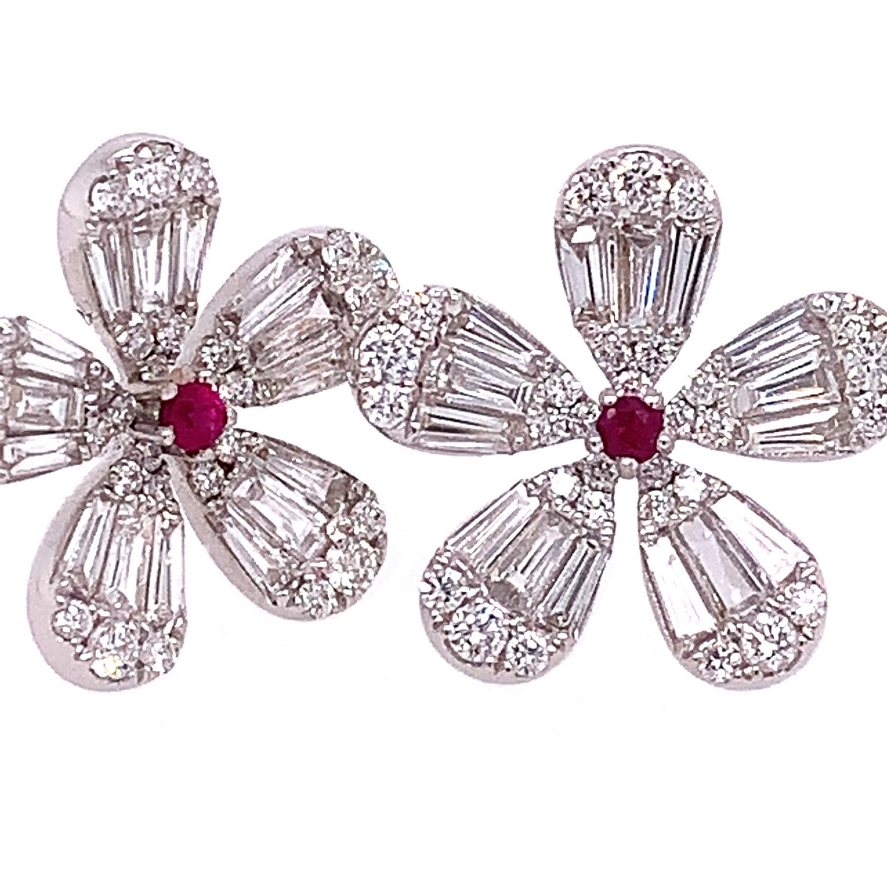 Contemporary RUCHI Baguette Diamond and Ruby White Gold Flower Stud Earrings For Sale