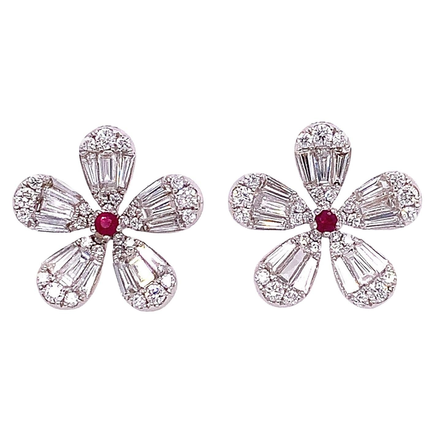 RUCHI Baguette Diamond and Ruby White Gold Flower Stud Earrings For Sale