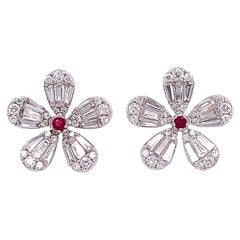 RUCHI Baguette Diamond and Ruby White Gold Flower Stud Earrings