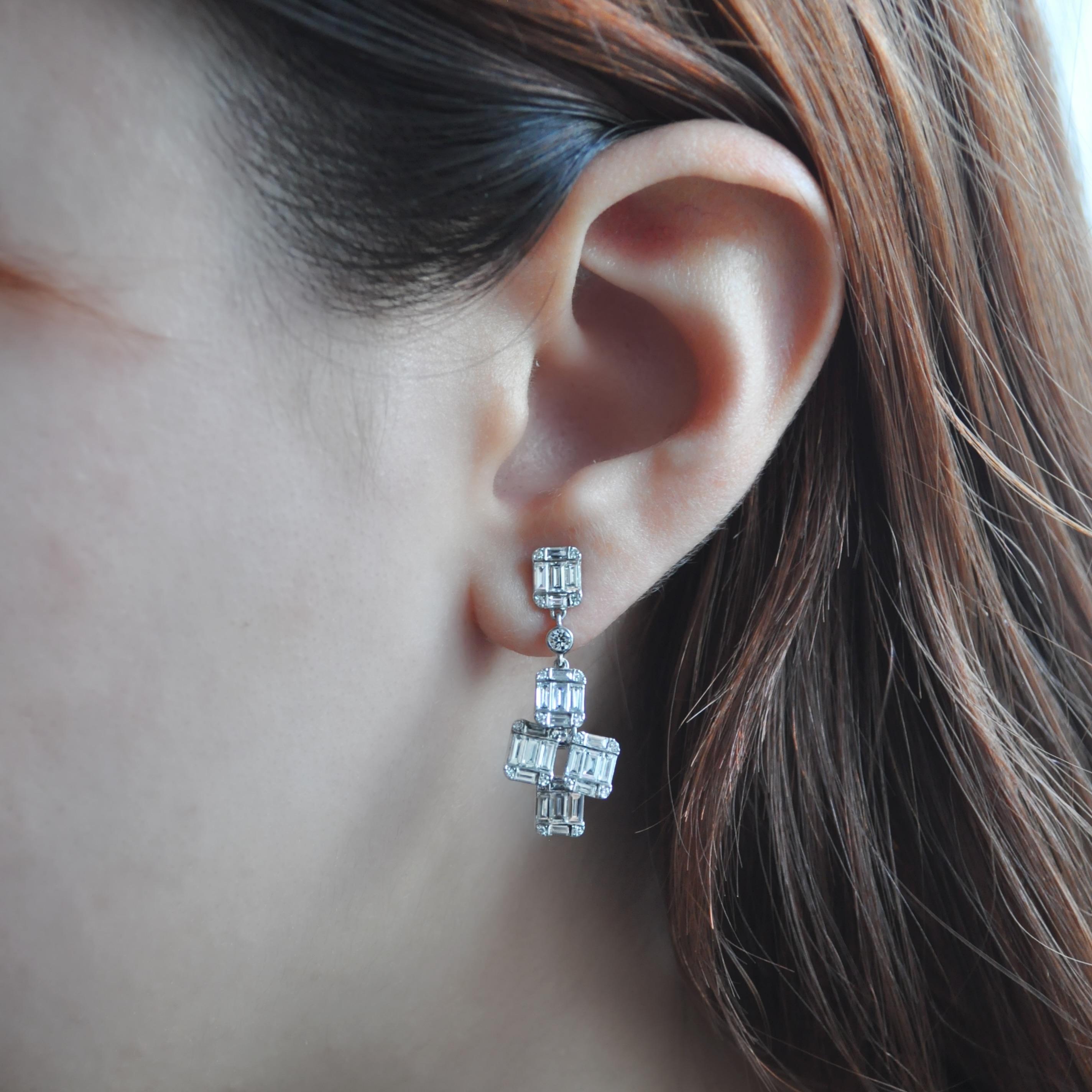 Contemporary RUCHI Baguette Diamond White Gold Dangle Earrings For Sale