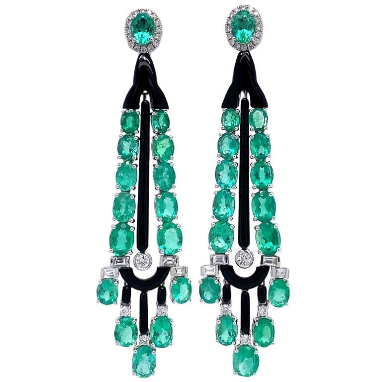 Ruchi New York Black Agate, Emerald and Diamond Drop Earrings For Sale