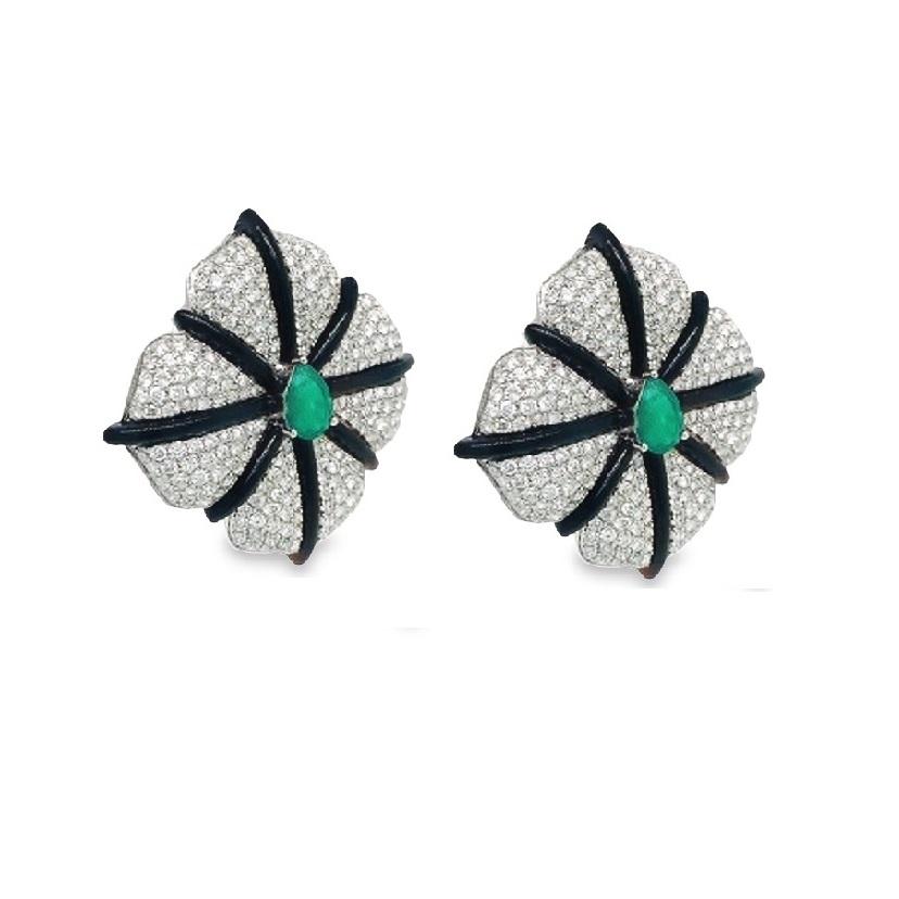 Contemporary RUCHI Black Agate, Colombian Emerald & Pavé Diamond Statement Stud Earrings For Sale